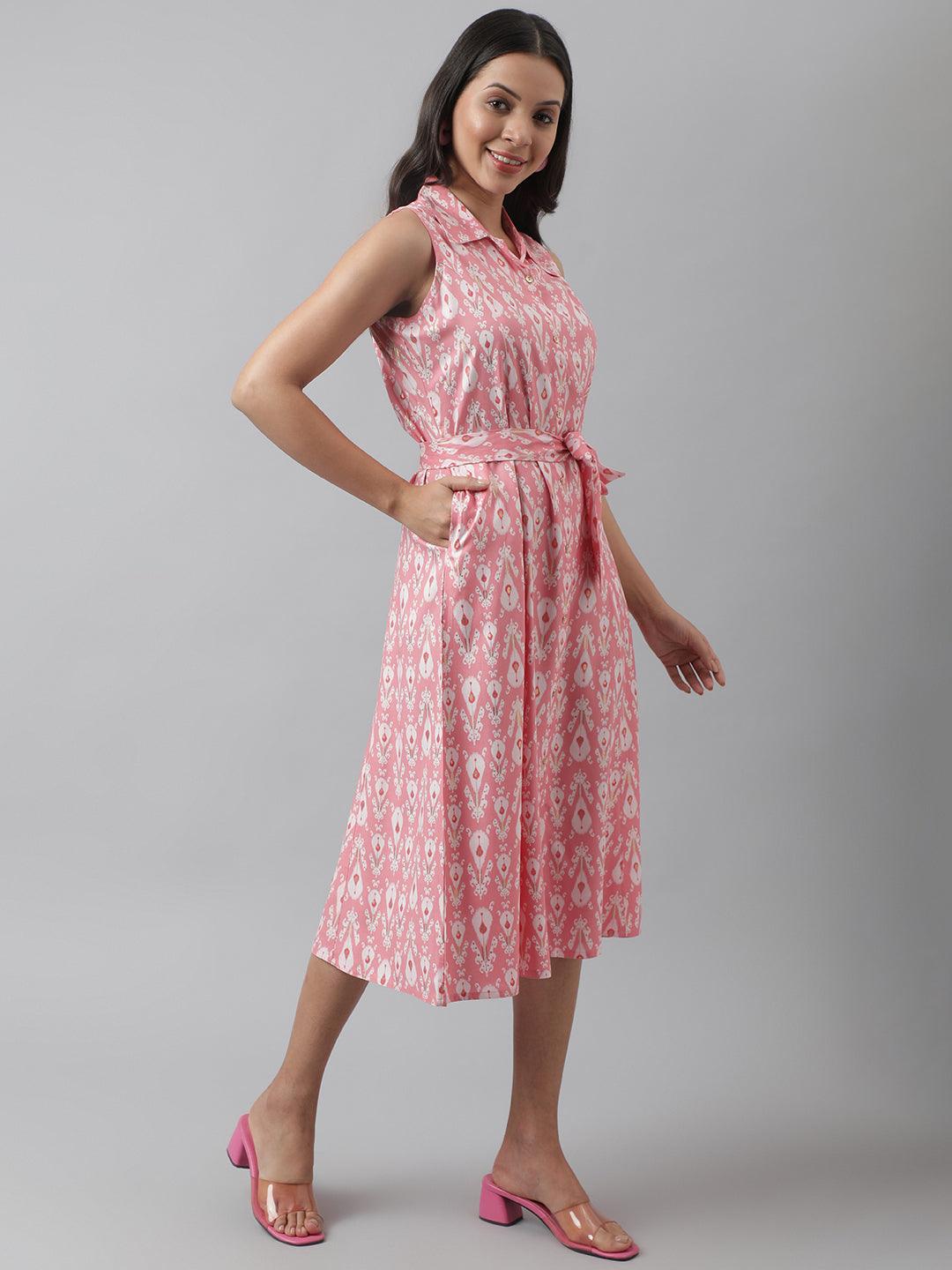 Rayon Light Pink A-Line Floral Printed Midi Dress | LASVINI - Redefining Indian Fashion with Elegance