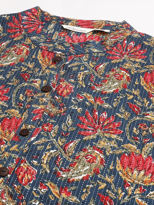 Blue And Red Cotton Katha Work Straight Kurta | LASVINI - Redefining Indian Fashion with Elegance