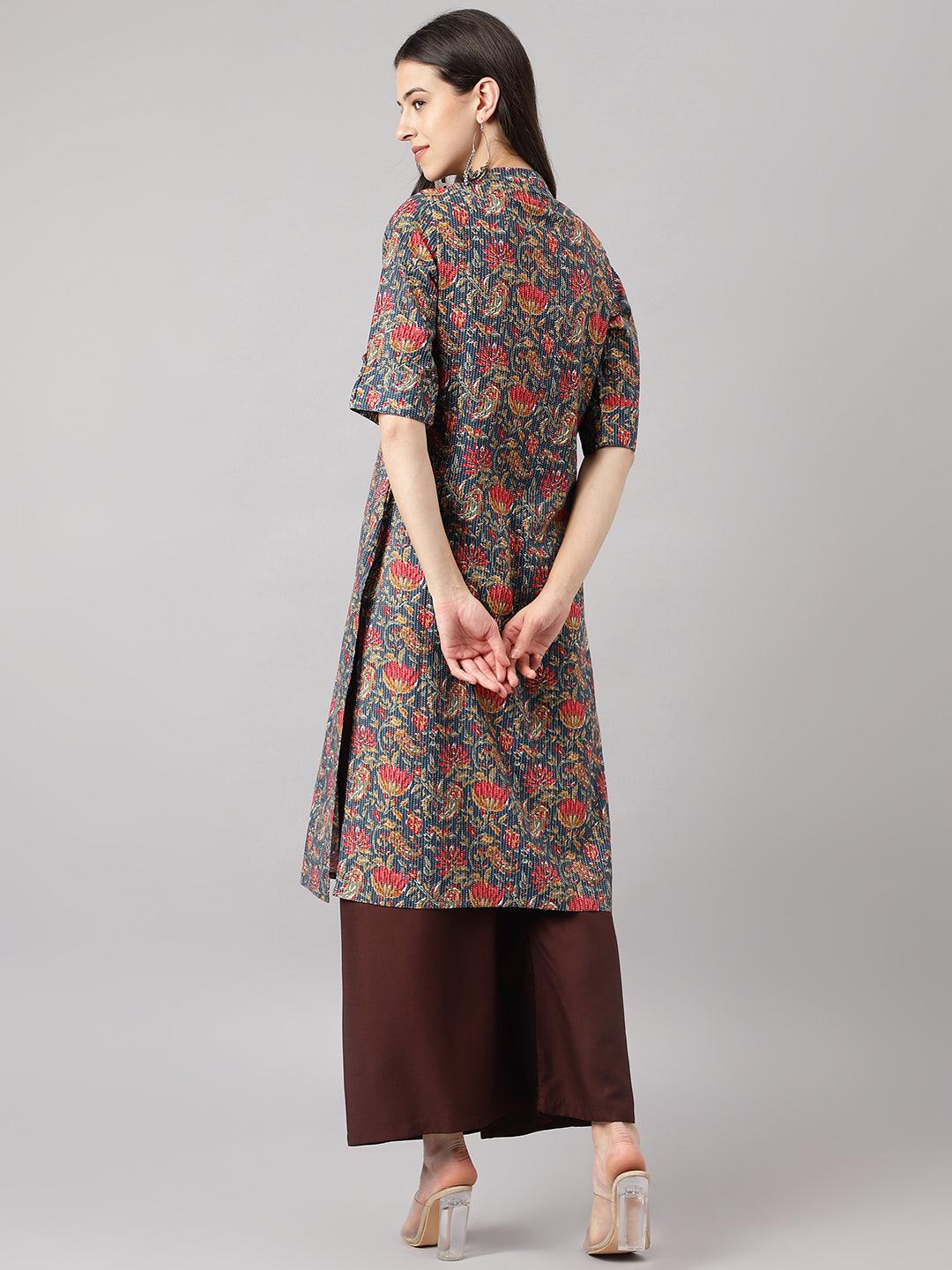 Blue And Red Cotton Katha Work Straight Kurta | LASVINI - Redefining Indian Fashion with Elegance