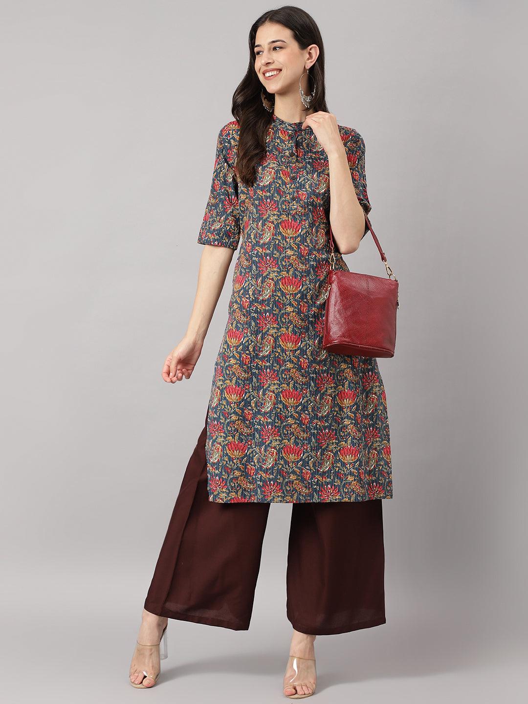Blue And Red Cotton Katha Work Straight Kurta | LASVINI - Redefining Indian Fashion with Elegance