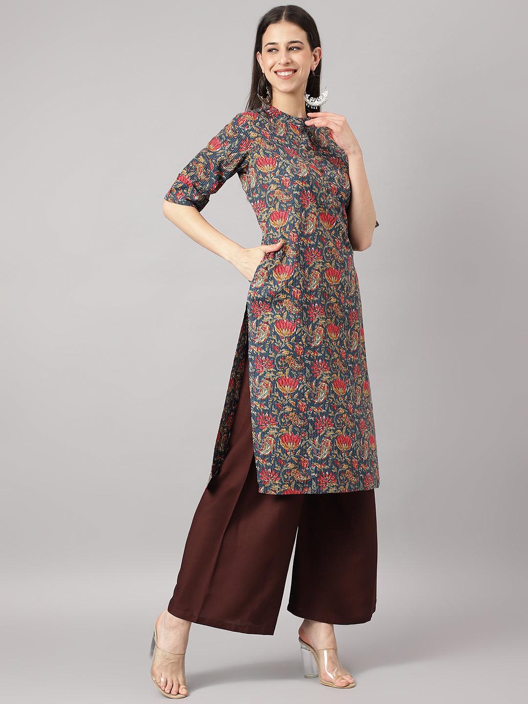 Blue And Red Cotton Katha Work Straight Kurta | LASVINI - Redefining Indian Fashion with Elegance