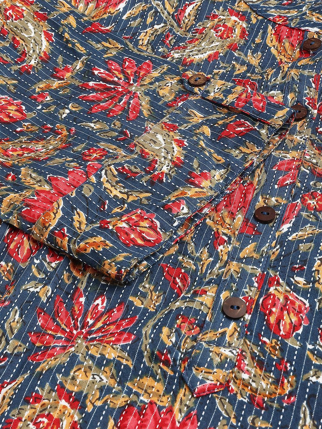Blue And Red Cotton Katha Work Straight Kurta | LASVINI - Redefining Indian Fashion with Elegance