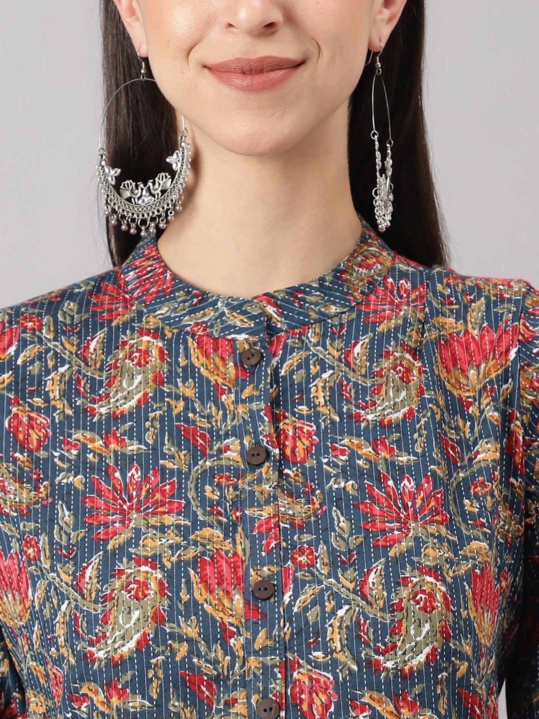 Blue And Red Cotton Katha Work Straight Kurta | LASVINI - Redefining Indian Fashion with Elegance