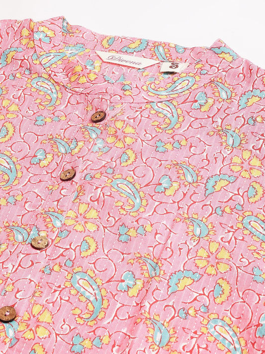 Pink And Green Cotton Katha Work Straight Kurta | LASVINI - Redefining Indian Fashion with Elegance