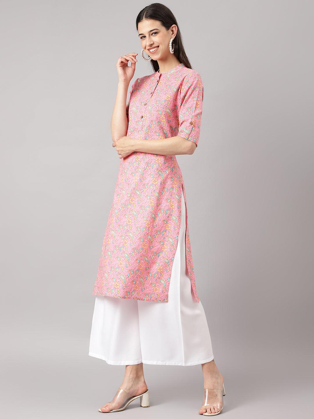 Pink And Green Cotton Katha Work Straight Kurta | LASVINI - Redefining Indian Fashion with Elegance