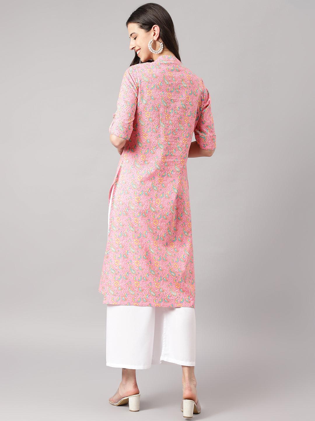 Pink And Green Cotton Katha Work Straight Kurta | LASVINI - Redefining Indian Fashion with Elegance