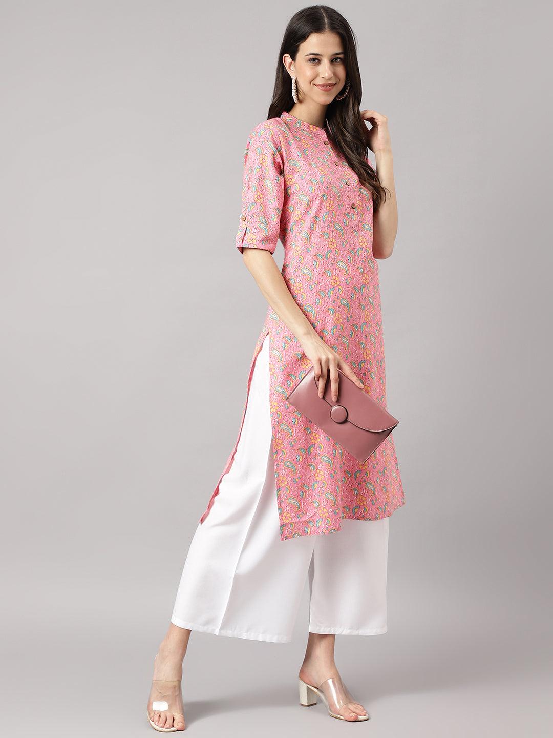 Pink And Green Cotton Katha Work Straight Kurta | LASVINI - Redefining Indian Fashion with Elegance