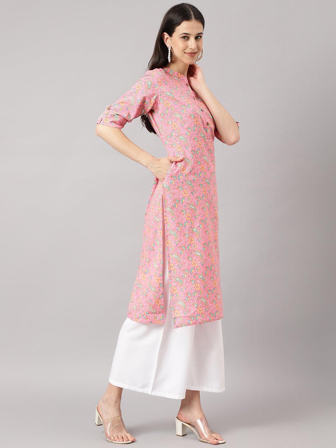 Pink And Green Cotton Katha Work Straight Kurta | LASVINI - Redefining Indian Fashion with Elegance