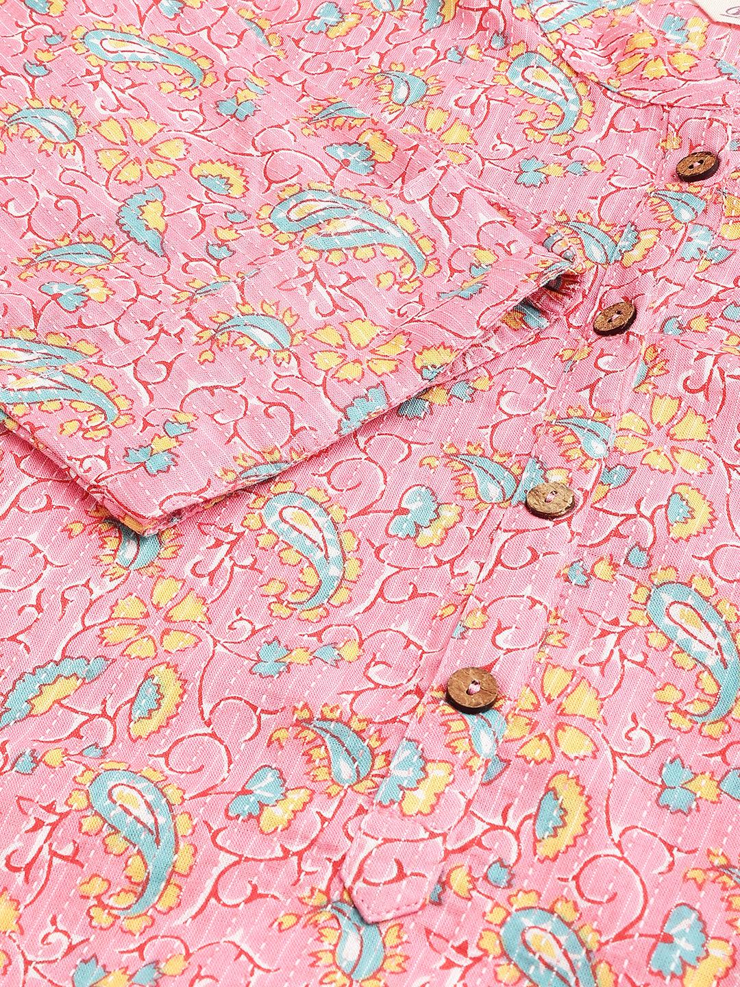 Pink And Green Cotton Katha Work Straight Kurta | LASVINI - Redefining Indian Fashion with Elegance