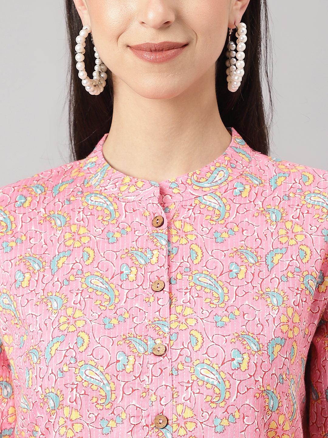 Pink And Green Cotton Katha Work Straight Kurta | LASVINI - Redefining Indian Fashion with Elegance