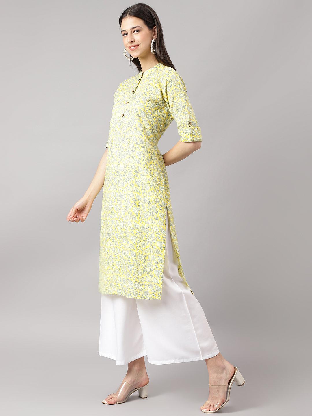 Mustard And Gray Cotton Katha Work Straight Kurta | LASVINI - Redefining Indian Fashion with Elegance