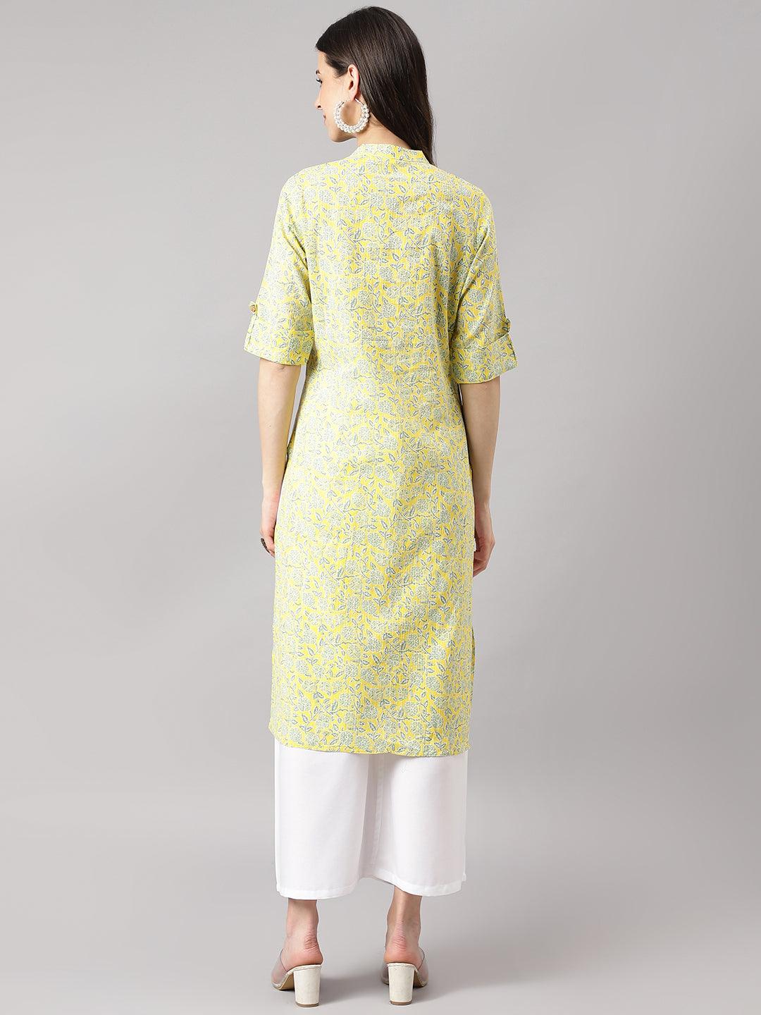 Mustard And Gray Cotton Katha Work Straight Kurta | LASVINI - Redefining Indian Fashion with Elegance