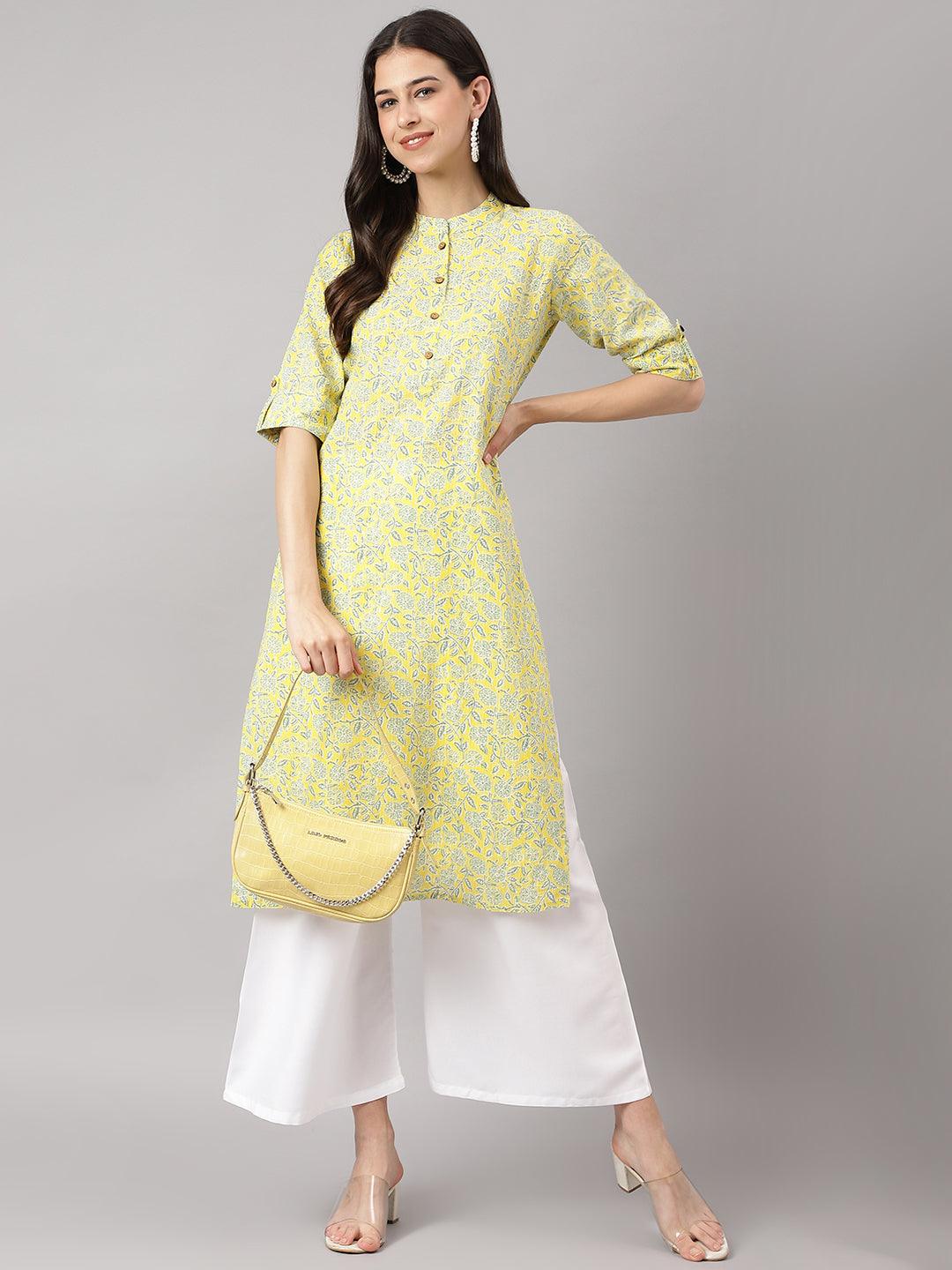 Mustard And Gray Cotton Katha Work Straight Kurta | LASVINI - Redefining Indian Fashion with Elegance