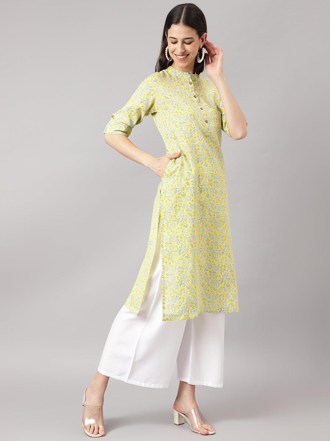 Mustard And Gray Cotton Katha Work Straight Kurta | LASVINI - Redefining Indian Fashion with Elegance