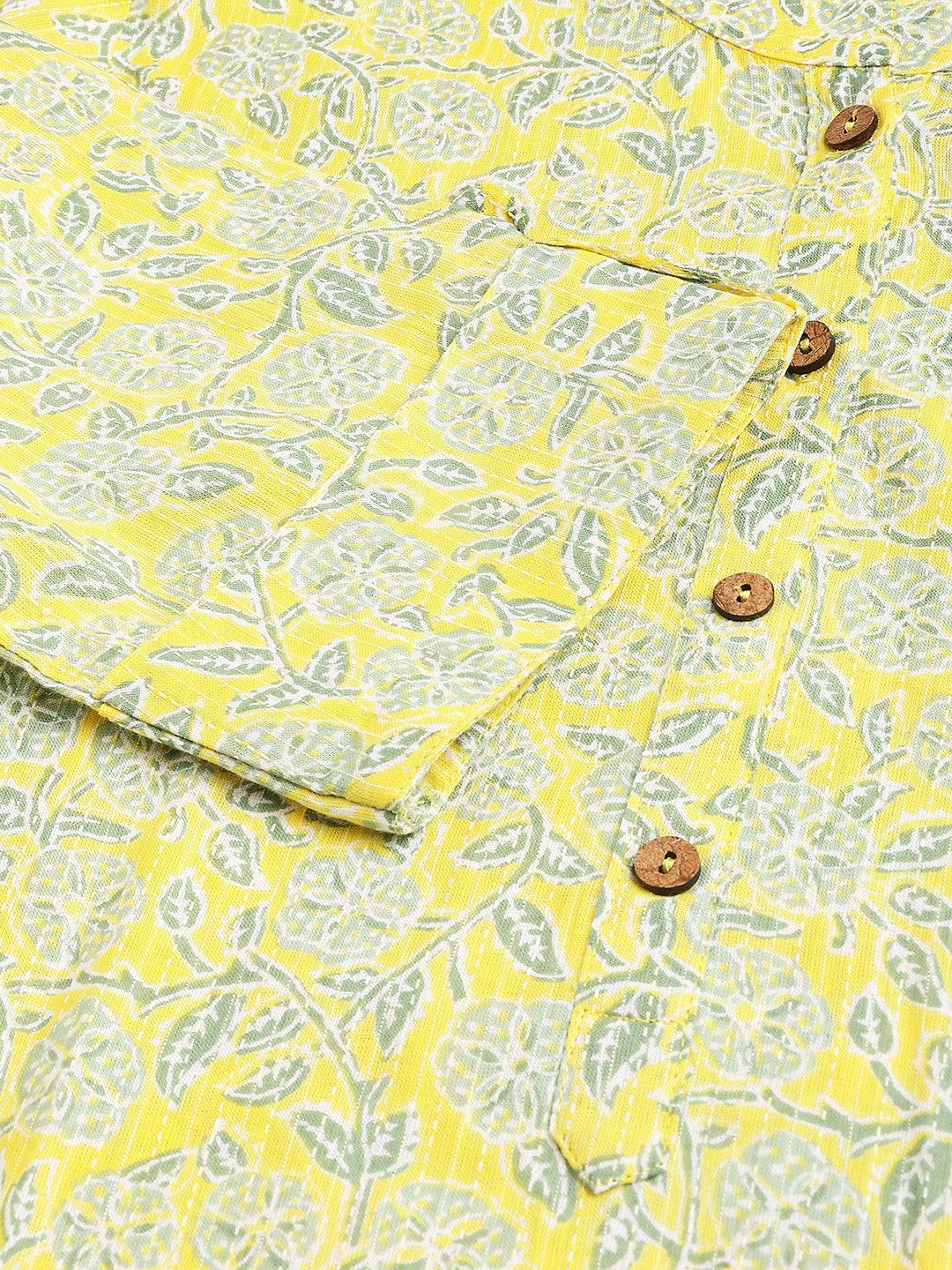 Mustard And Gray Cotton Katha Work Straight Kurta | LASVINI - Redefining Indian Fashion with Elegance