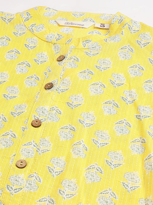 Yellow Cotton Katha Work Straight Kurta | LASVINI - Redefining Indian Fashion with Elegance