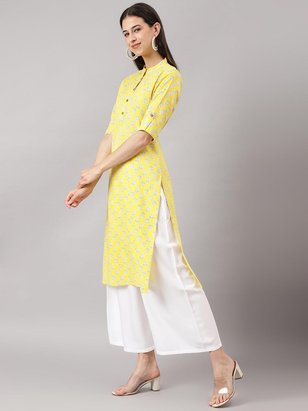 Yellow Cotton Katha Work Straight Kurta | LASVINI - Redefining Indian Fashion with Elegance