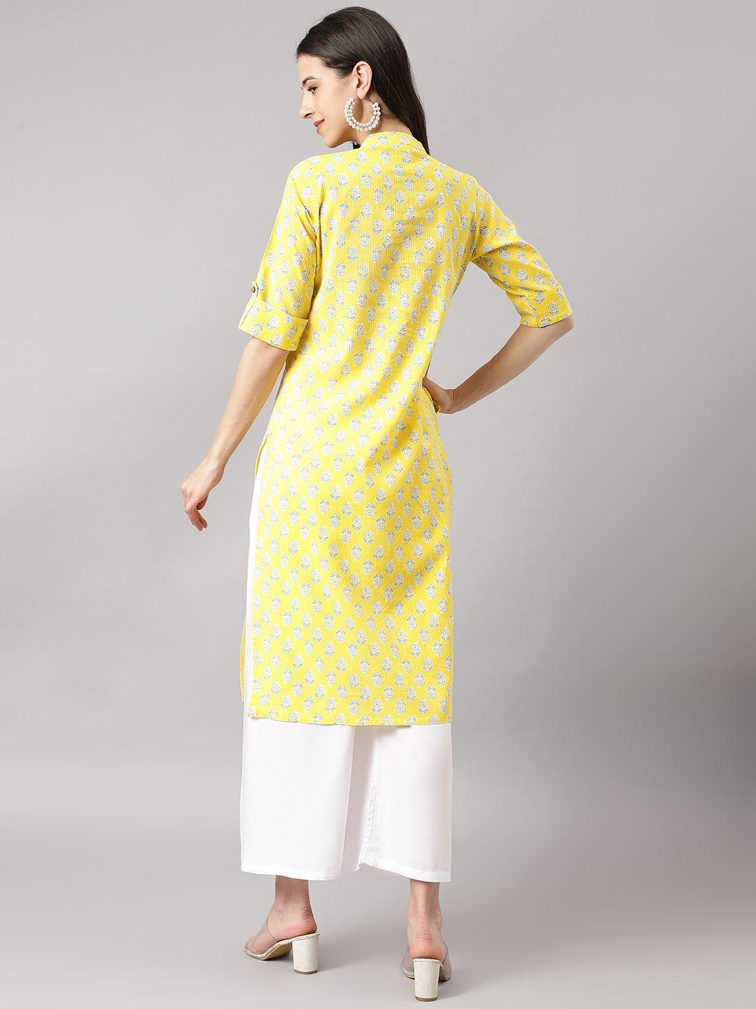 Yellow Cotton Katha Work Straight Kurta | LASVINI - Redefining Indian Fashion with Elegance