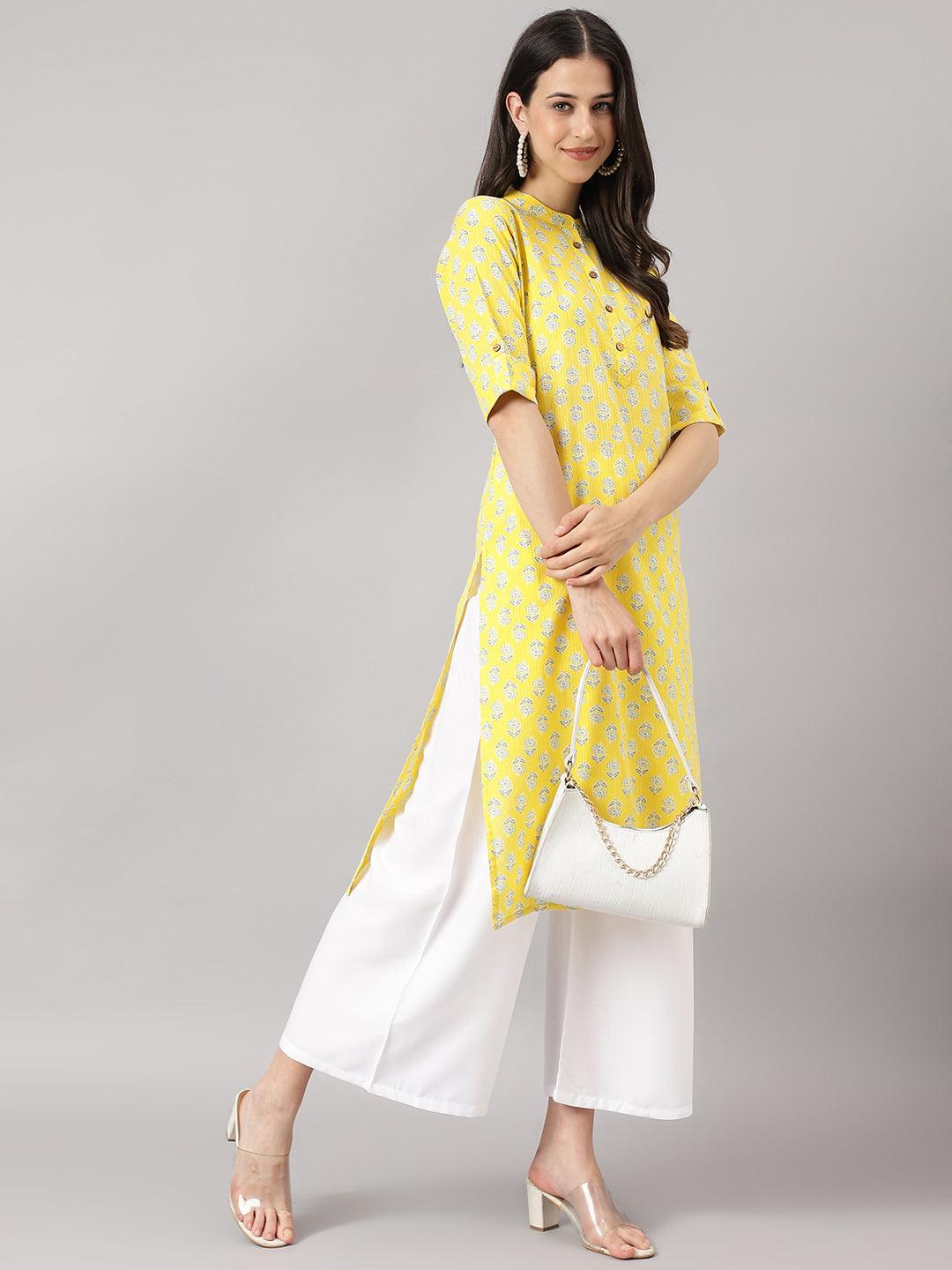Yellow Cotton Katha Work Straight Kurta | LASVINI - Redefining Indian Fashion with Elegance