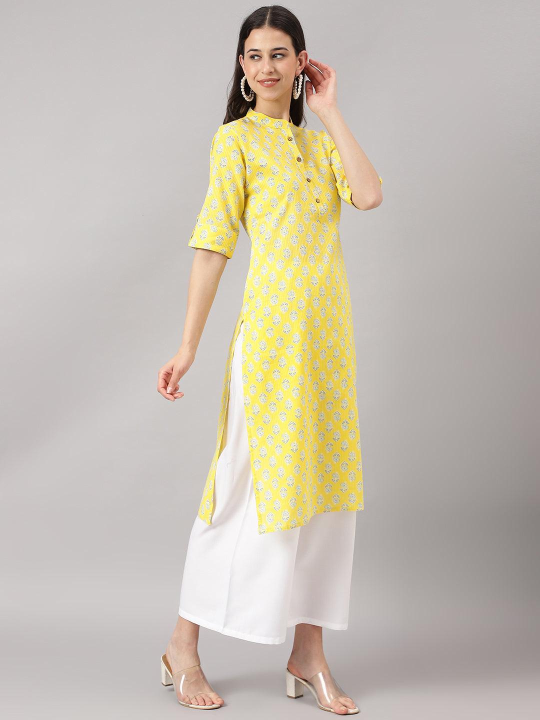 Yellow Cotton Katha Work Straight Kurta | LASVINI - Redefining Indian Fashion with Elegance