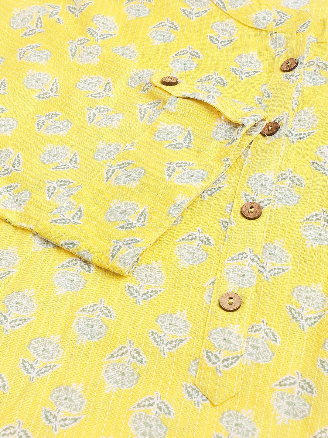 Yellow Cotton Katha Work Straight Kurta | LASVINI - Redefining Indian Fashion with Elegance