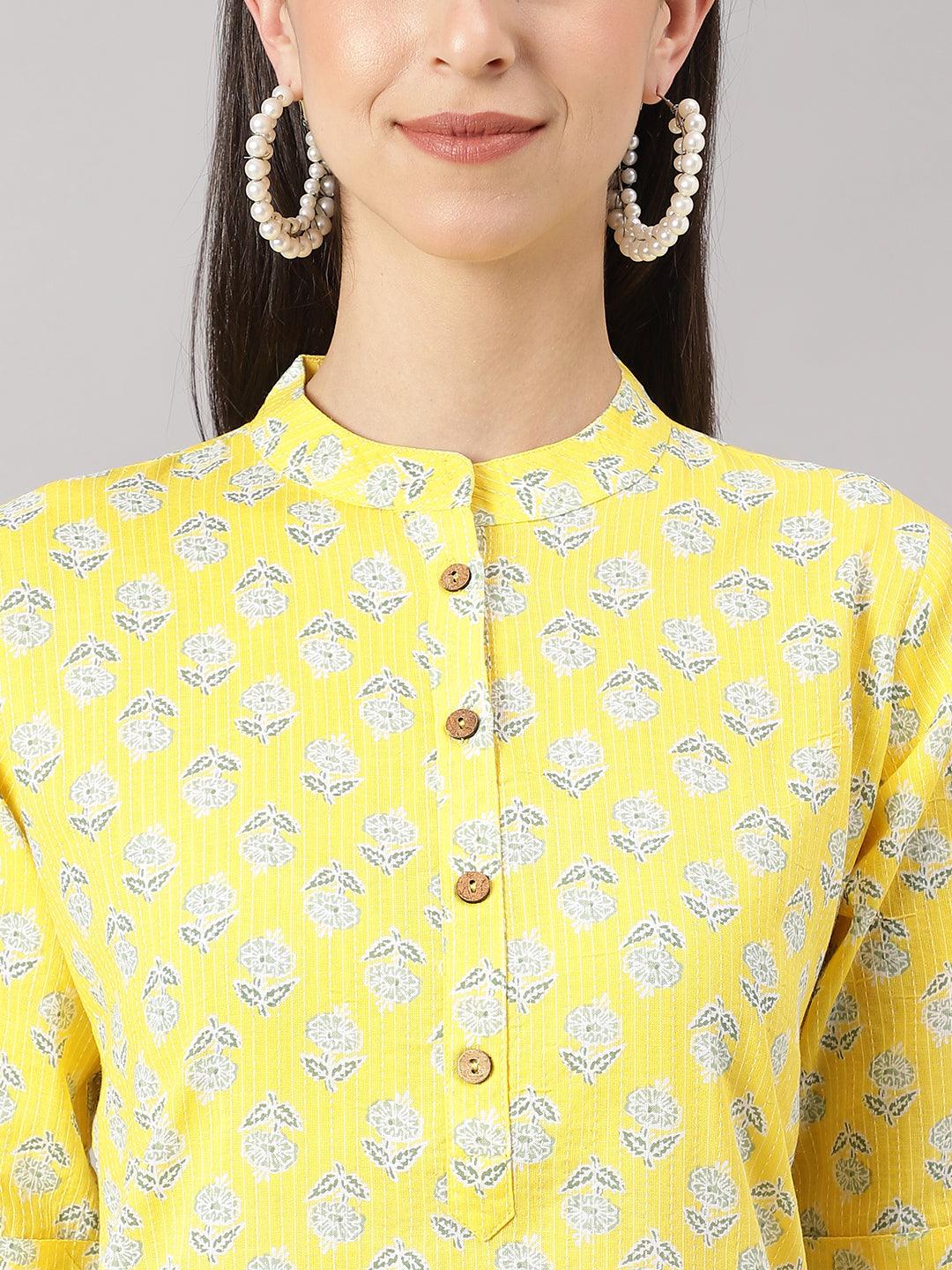 Yellow Cotton Katha Work Straight Kurta | LASVINI - Redefining Indian Fashion with Elegance