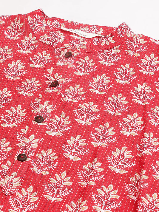 Red Cotton Katha Work Straight Kurta | LASVINI - Redefining Indian Fashion with Elegance