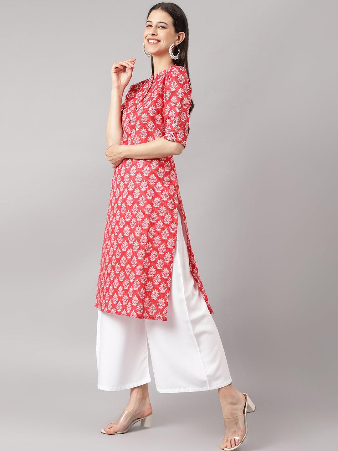 Red Cotton Katha Work Straight Kurta | LASVINI - Redefining Indian Fashion with Elegance