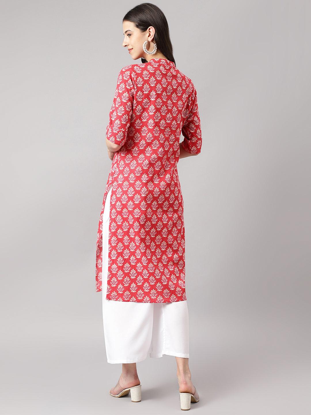 Red Cotton Katha Work Straight Kurta | LASVINI - Redefining Indian Fashion with Elegance