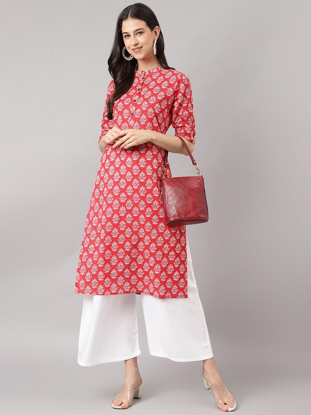 Red Cotton Katha Work Straight Kurta | LASVINI - Redefining Indian Fashion with Elegance