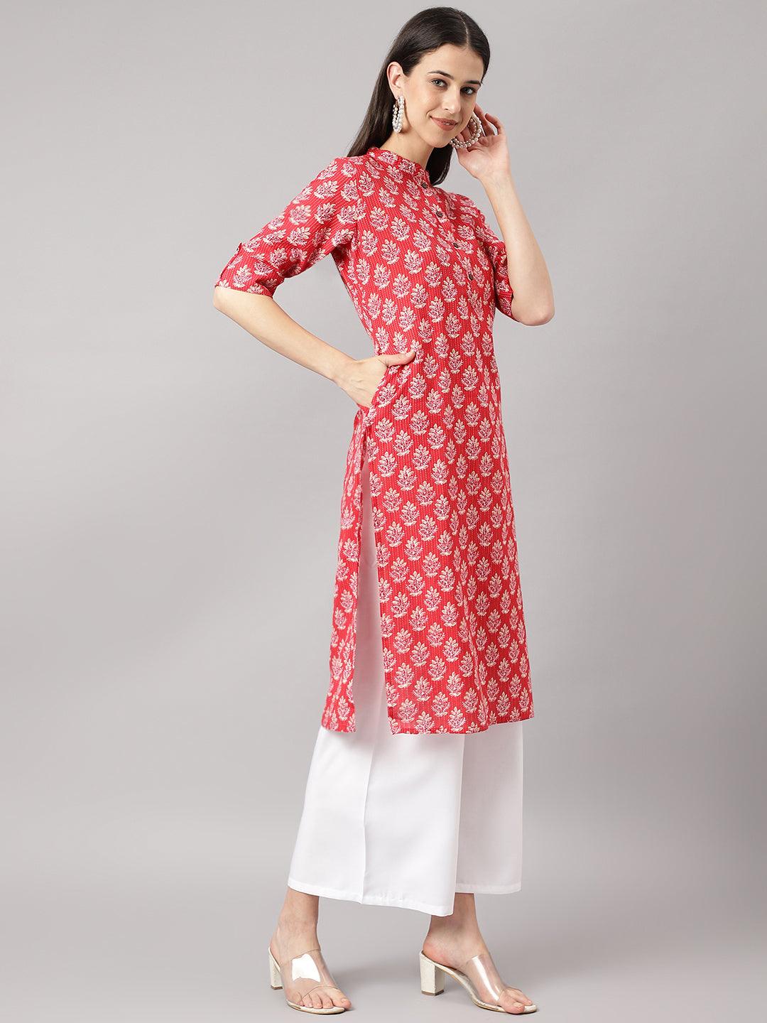 Red Cotton Katha Work Straight Kurta | LASVINI - Redefining Indian Fashion with Elegance