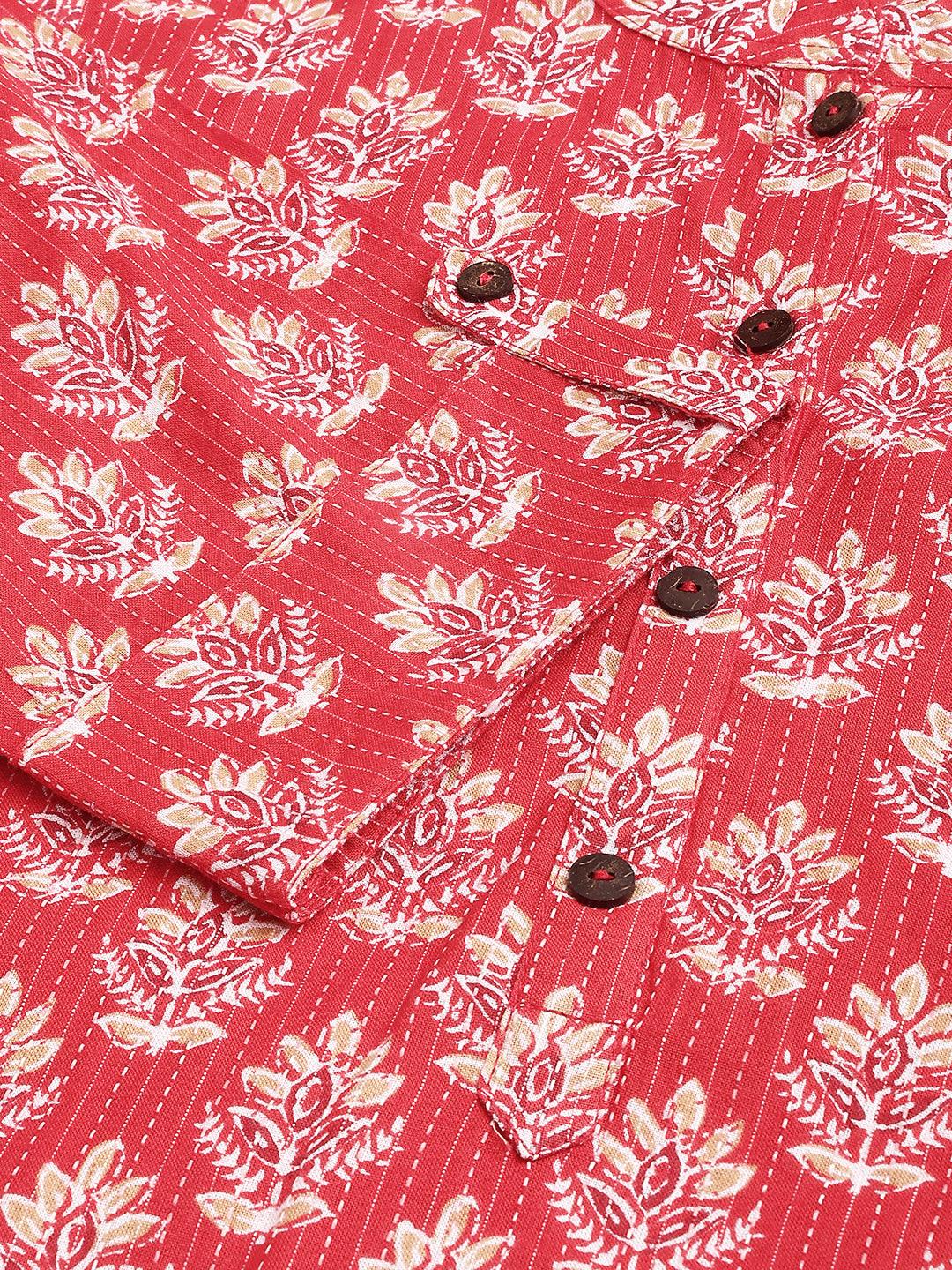 Red Cotton Katha Work Straight Kurta | LASVINI - Redefining Indian Fashion with Elegance