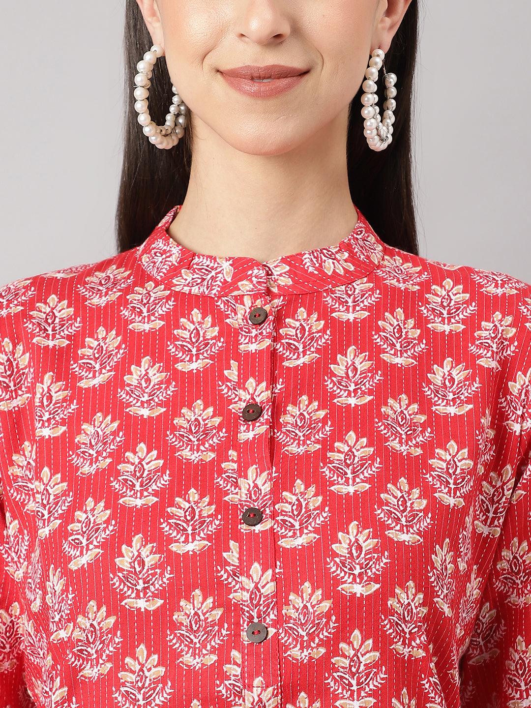 Red Cotton Katha Work Straight Kurta | LASVINI - Redefining Indian Fashion with Elegance