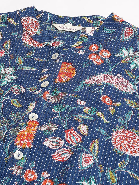 Blue And Orange Cotton Katha Work Straight Kurta | LASVINI - Redefining Indian Fashion with Elegance