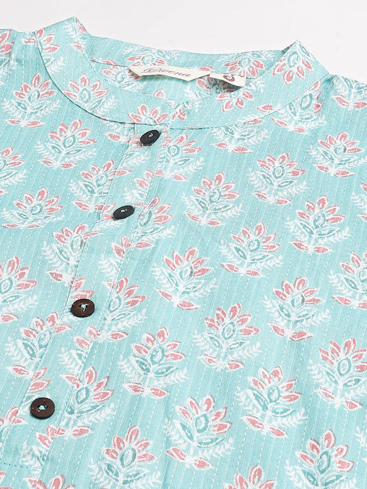 Sea Green Cotton Katha Work Straight Kurta | LASVINI - Redefining Indian Fashion with Elegance