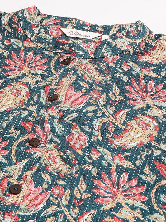 Bottle Green Cotton Katha Work Straight Kurta | LASVINI - Redefining Indian Fashion with Elegance