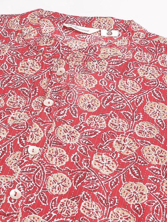 Red And Beige Cotton Katha Work Straight Kurta | LASVINI - Redefining Indian Fashion with Elegance