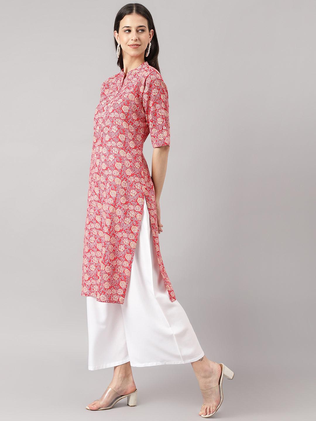 Red And Beige Cotton Katha Work Straight Kurta | LASVINI - Redefining Indian Fashion with Elegance