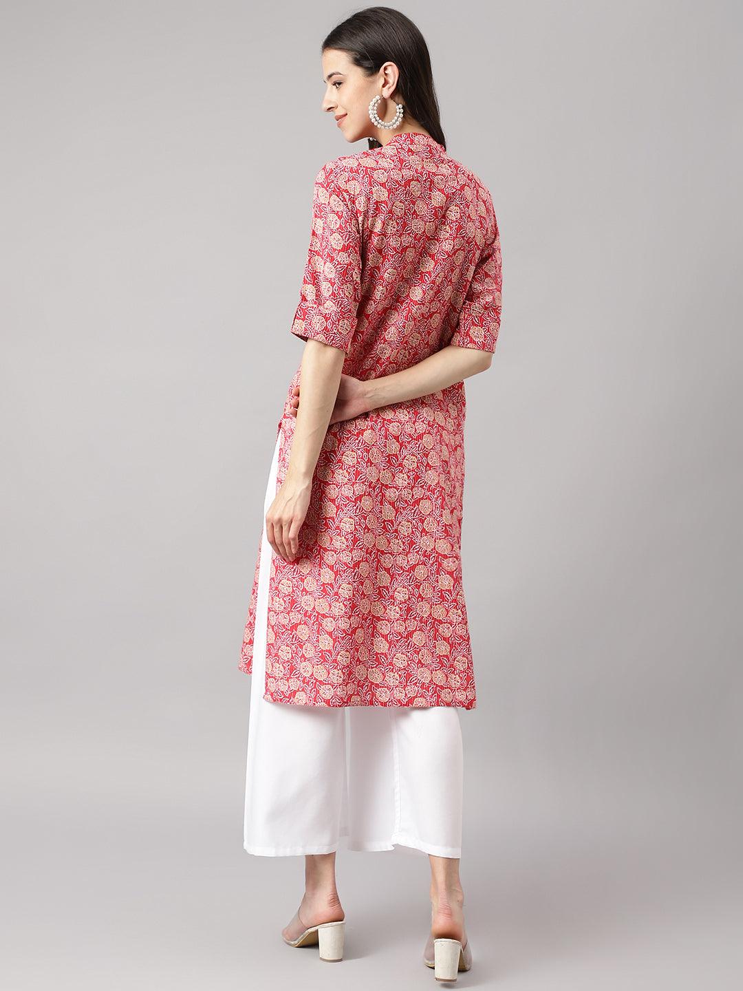 Red And Beige Cotton Katha Work Straight Kurta | LASVINI - Redefining Indian Fashion with Elegance