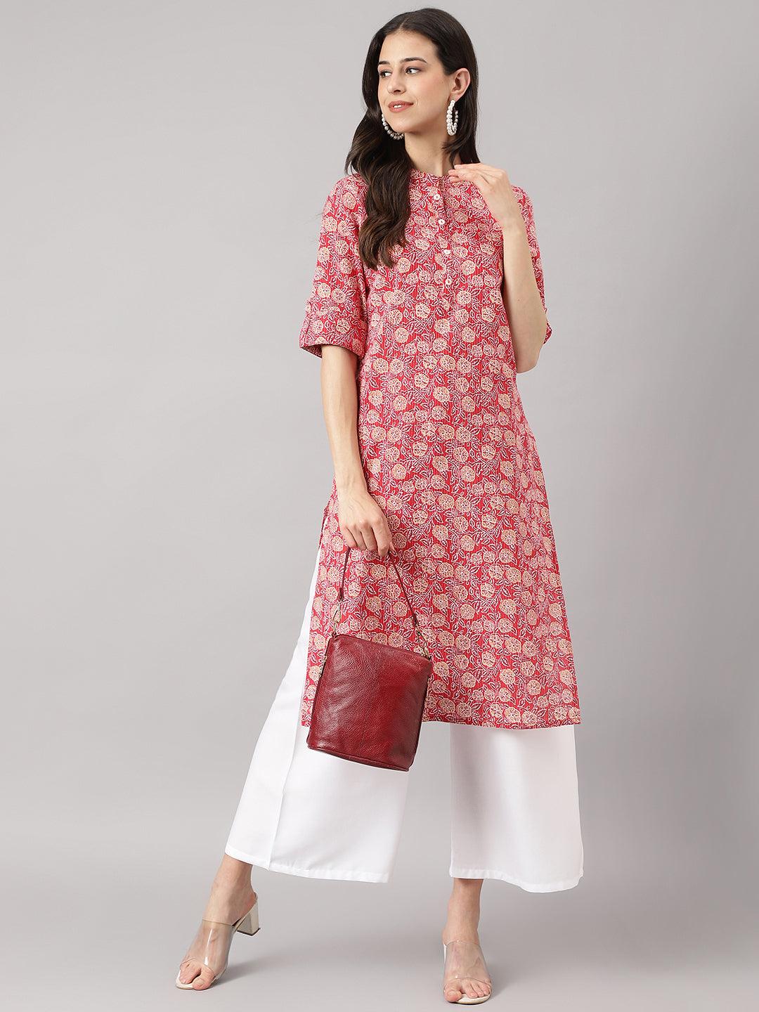 Red And Beige Cotton Katha Work Straight Kurta | LASVINI - Redefining Indian Fashion with Elegance