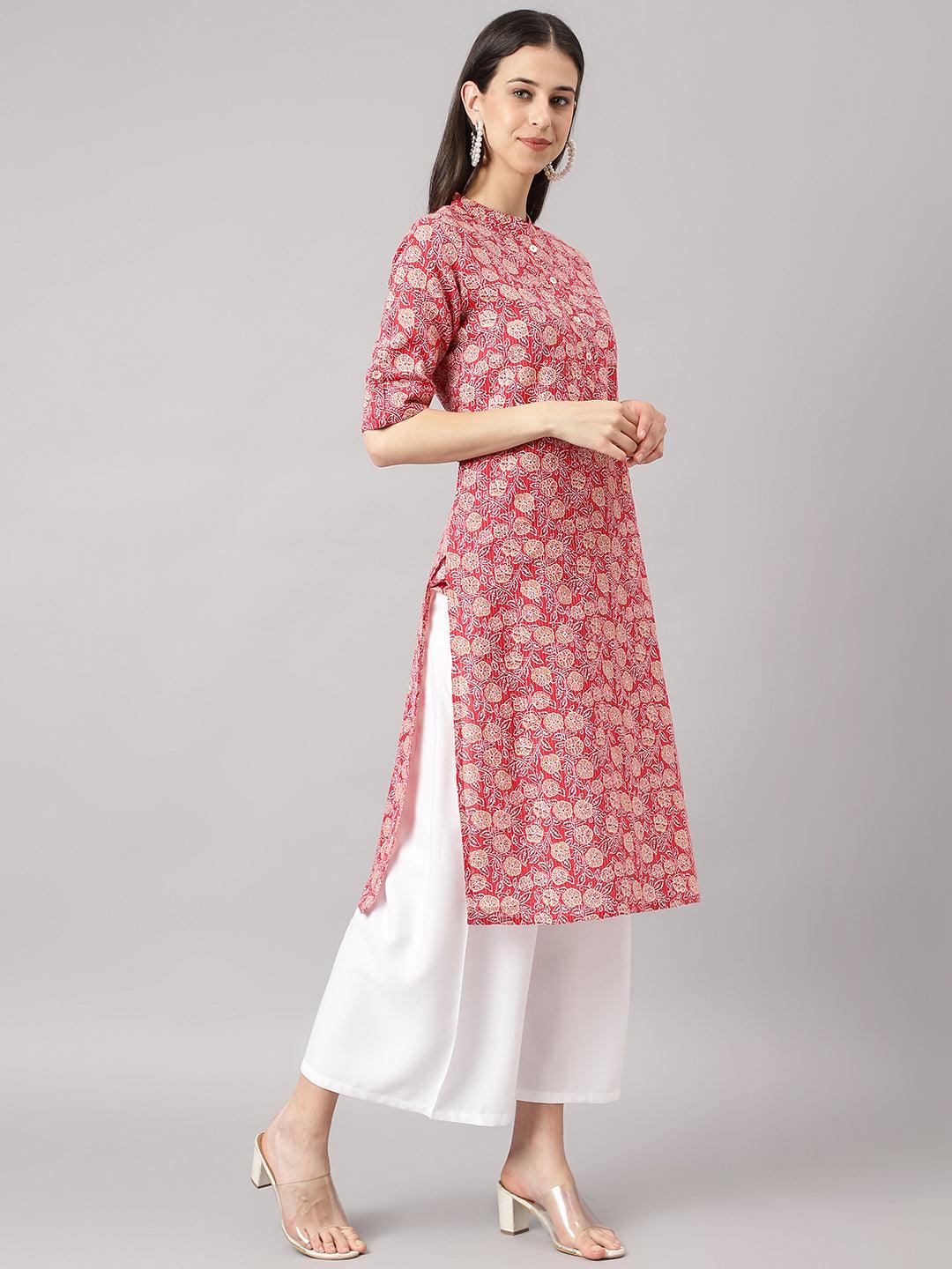 Red And Beige Cotton Katha Work Straight Kurta | LASVINI - Redefining Indian Fashion with Elegance