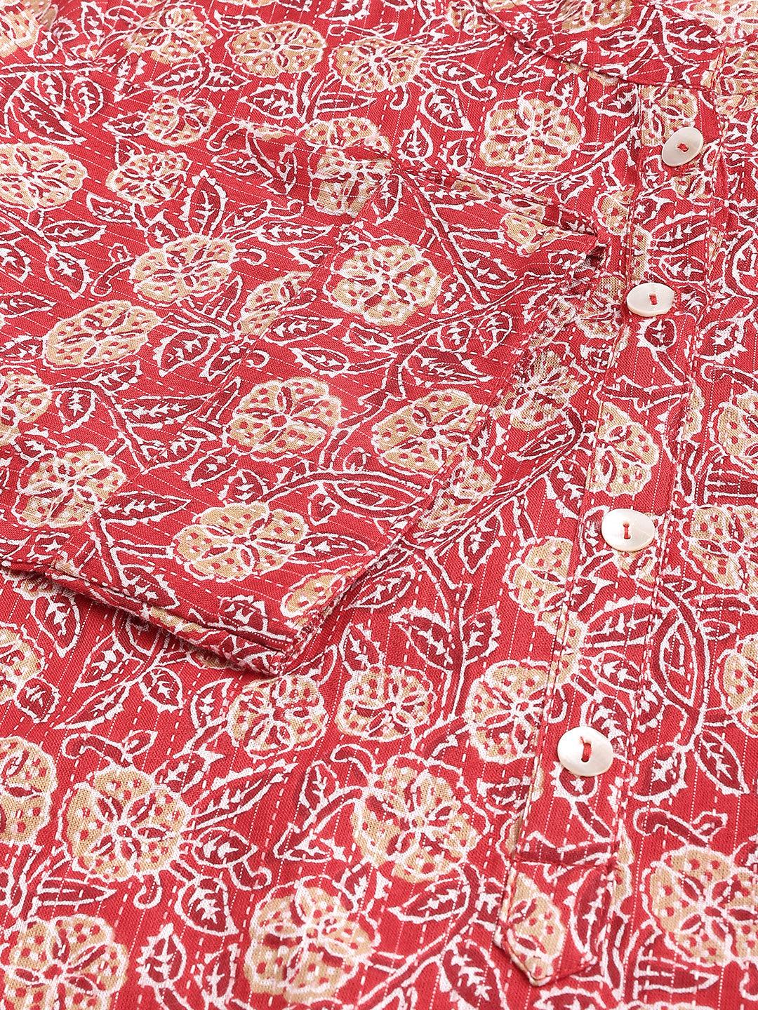 Red And Beige Cotton Katha Work Straight Kurta | LASVINI - Redefining Indian Fashion with Elegance