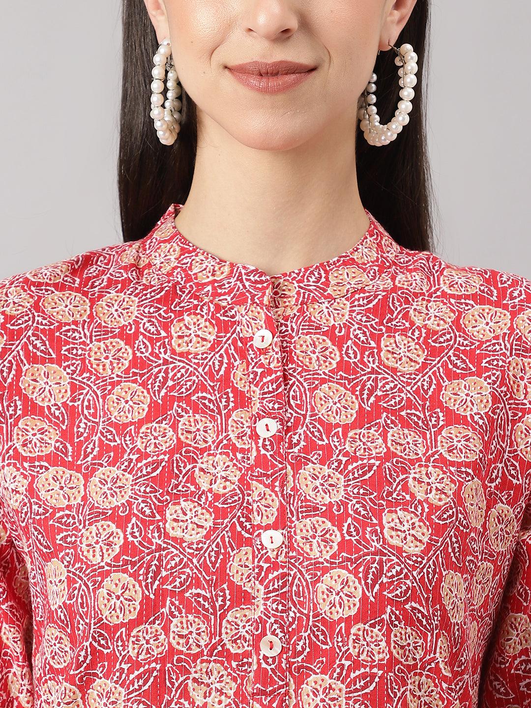 Red And Beige Cotton Katha Work Straight Kurta | LASVINI - Redefining Indian Fashion with Elegance