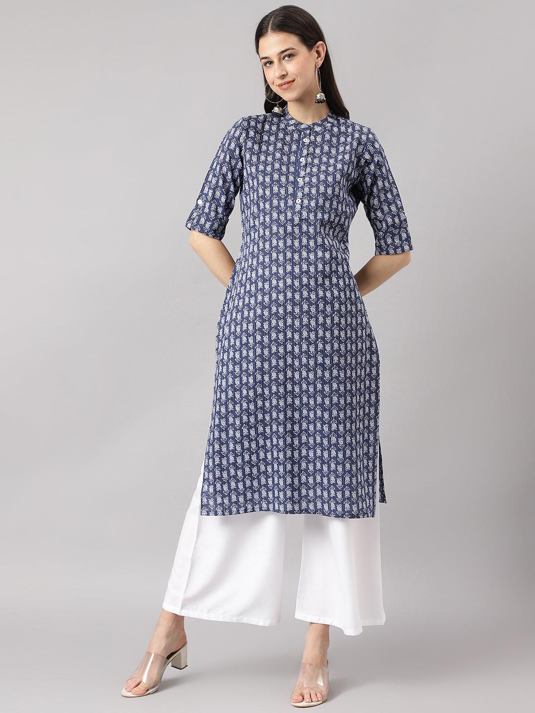 Blue And Gray Cotton Katha Work Straight Kurta | LASVINI - Redefining Indian Fashion with Elegance