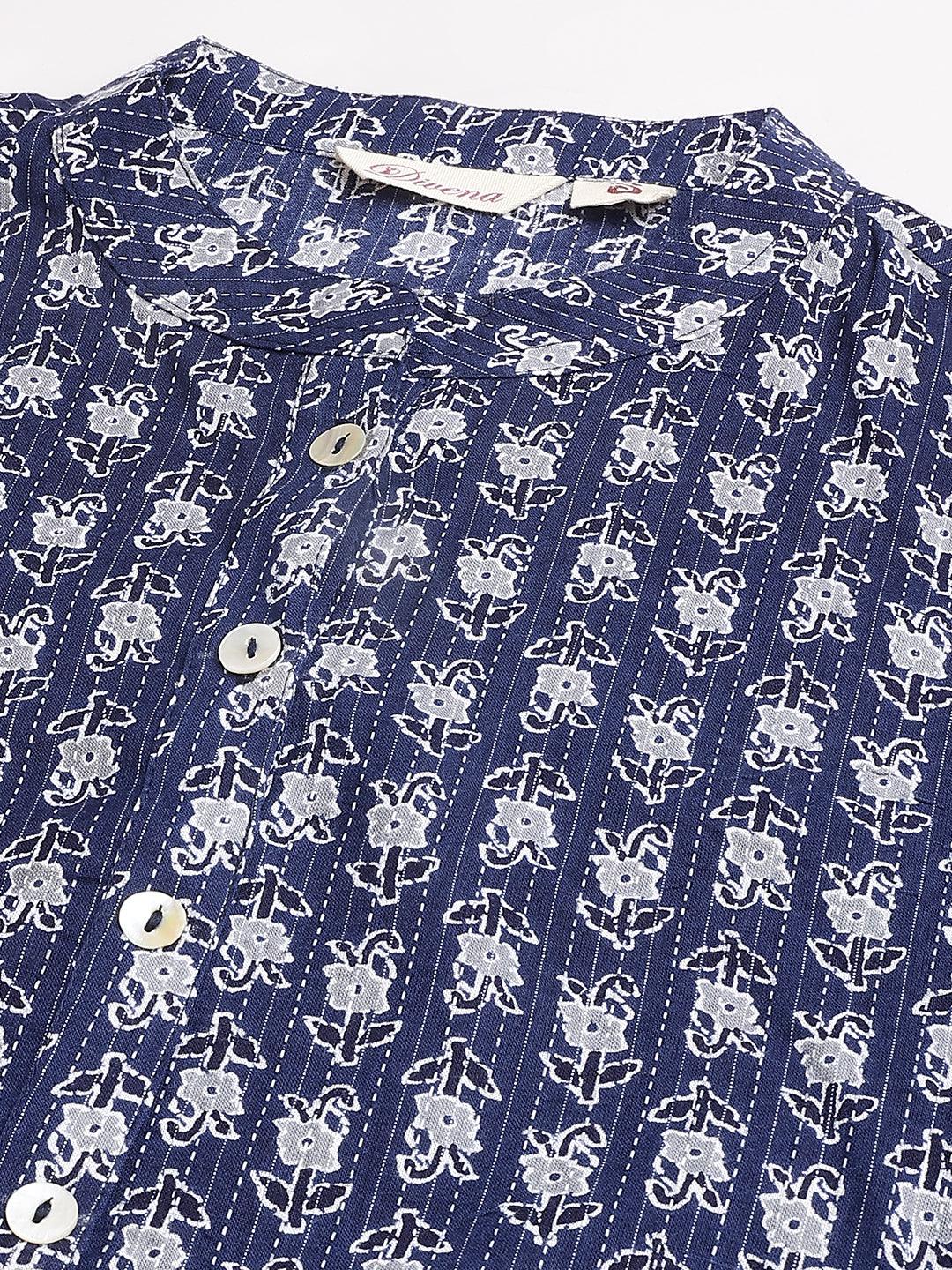 Blue And Gray Cotton Katha Work Straight Kurta | LASVINI - Redefining Indian Fashion with Elegance