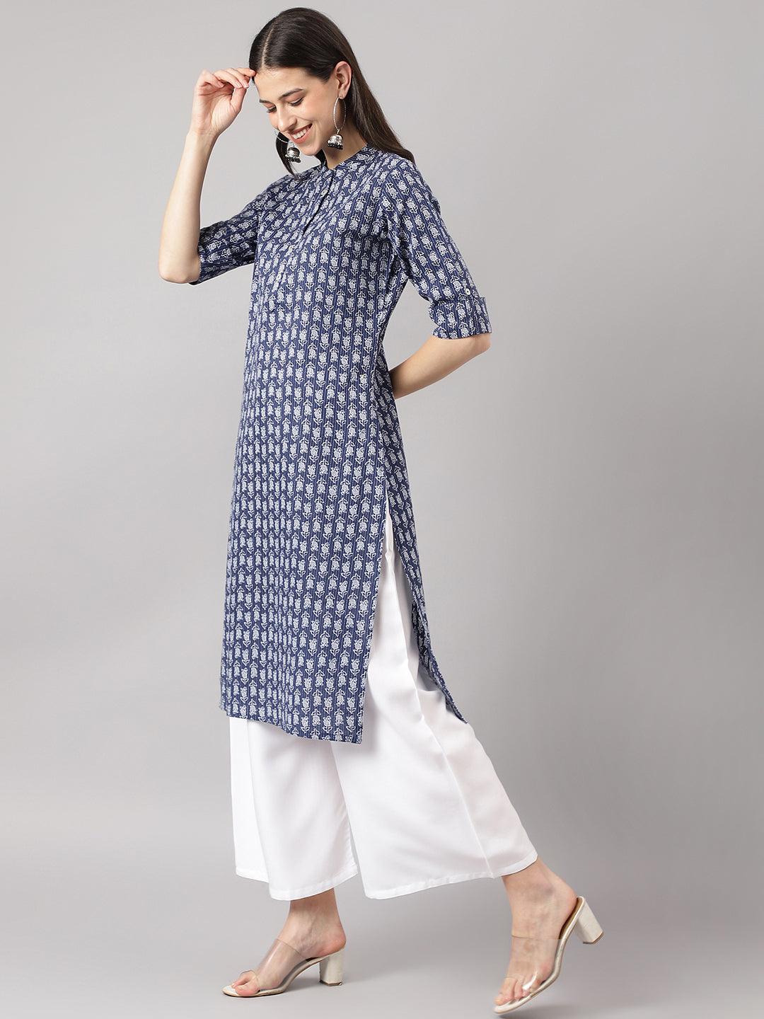 Blue And Gray Cotton Katha Work Straight Kurta | LASVINI - Redefining Indian Fashion with Elegance