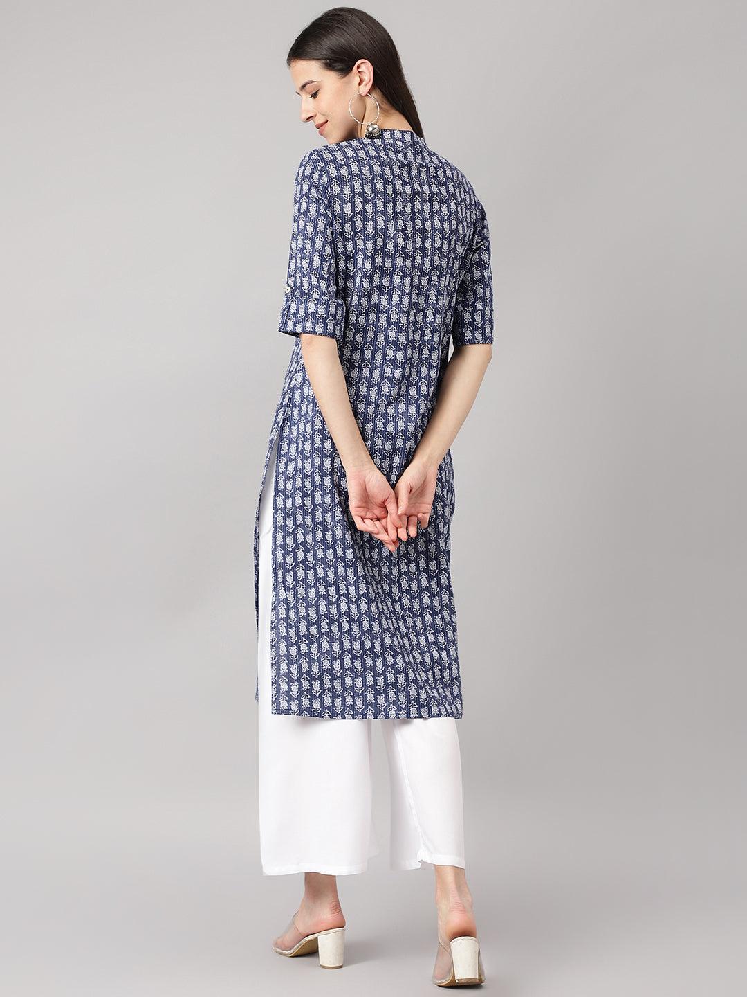 Blue And Gray Cotton Katha Work Straight Kurta | LASVINI - Redefining Indian Fashion with Elegance