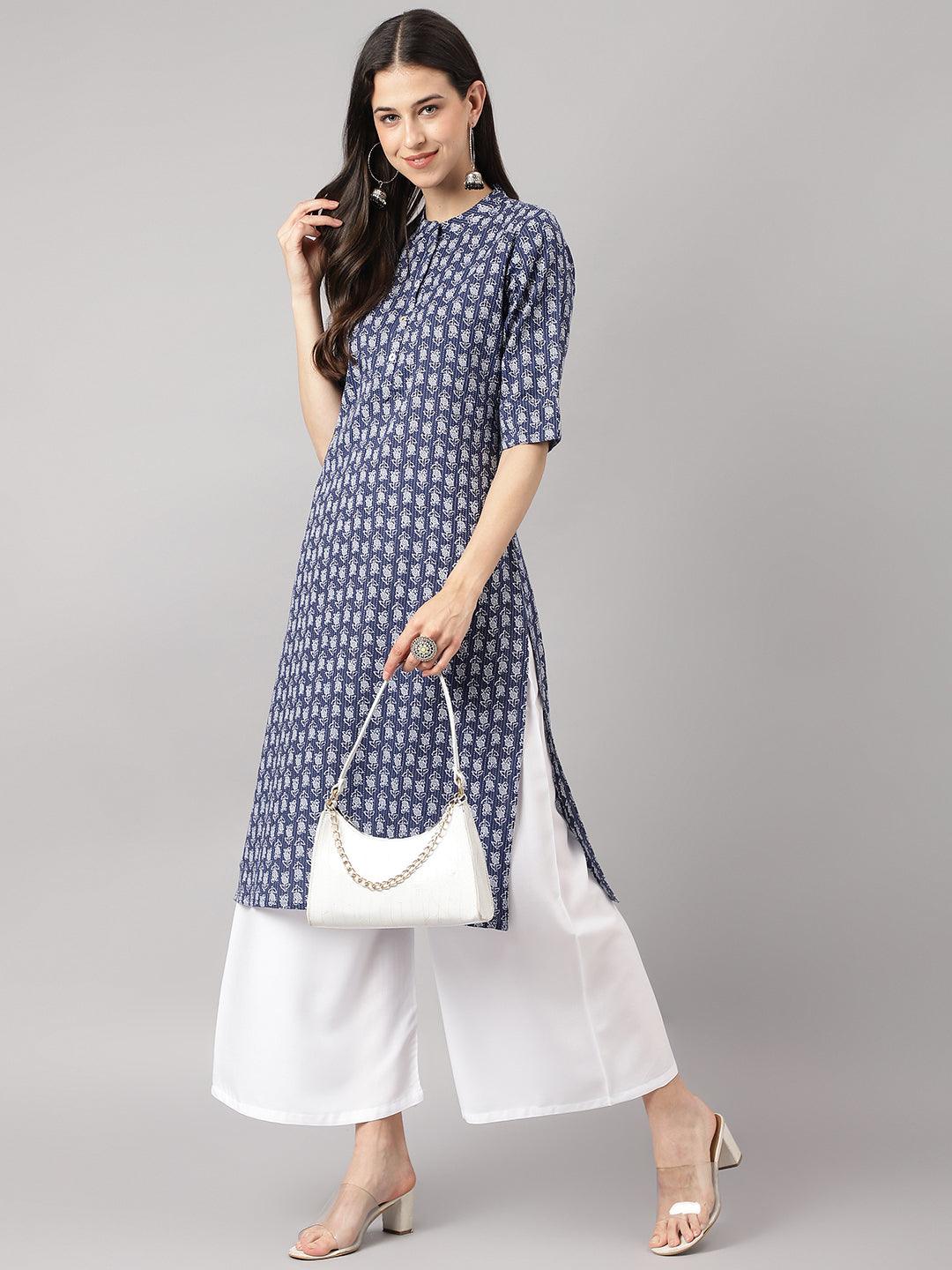 Blue And Gray Cotton Katha Work Straight Kurta | LASVINI - Redefining Indian Fashion with Elegance