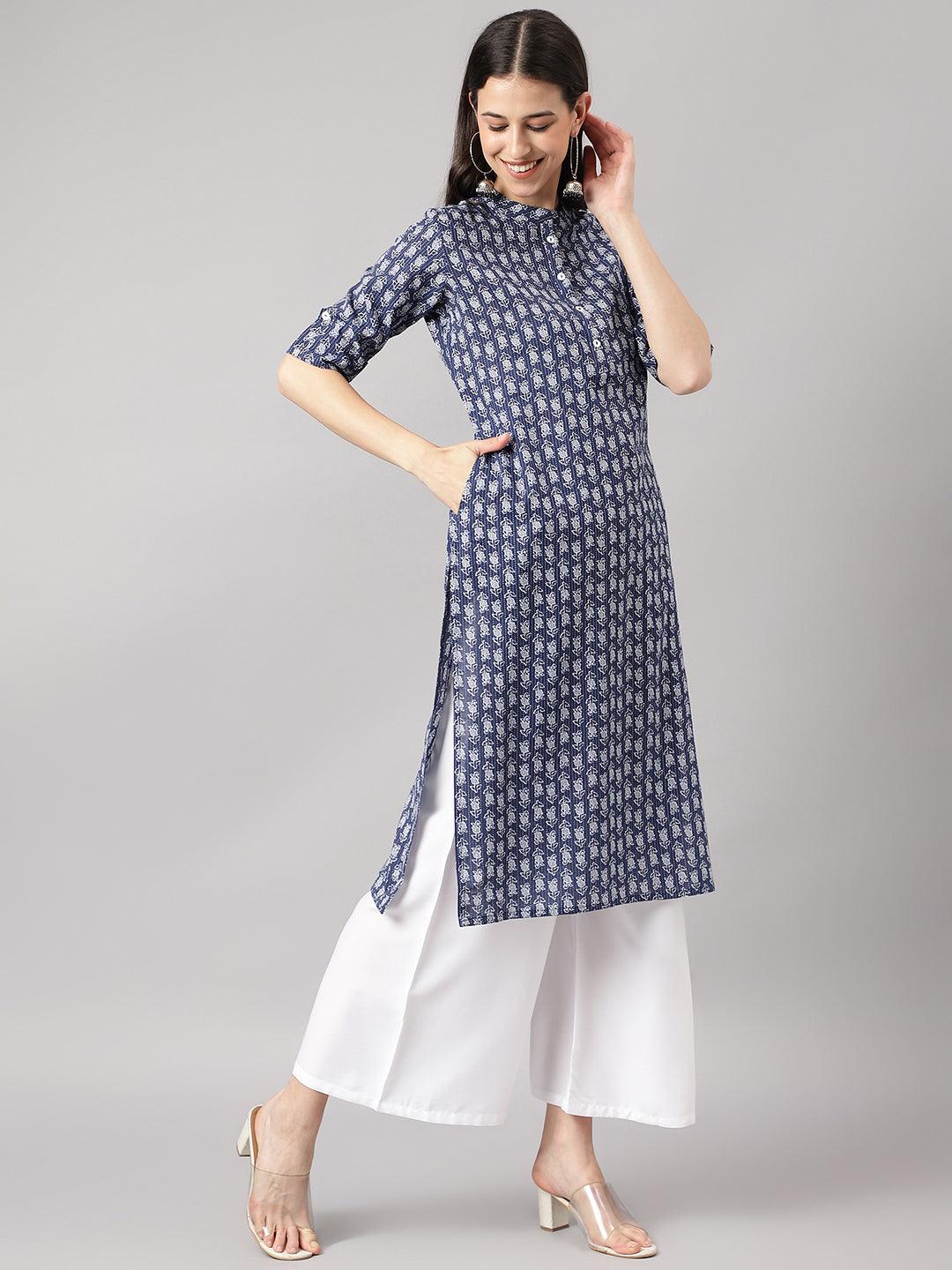 Blue And Gray Cotton Katha Work Straight Kurta | LASVINI - Redefining Indian Fashion with Elegance