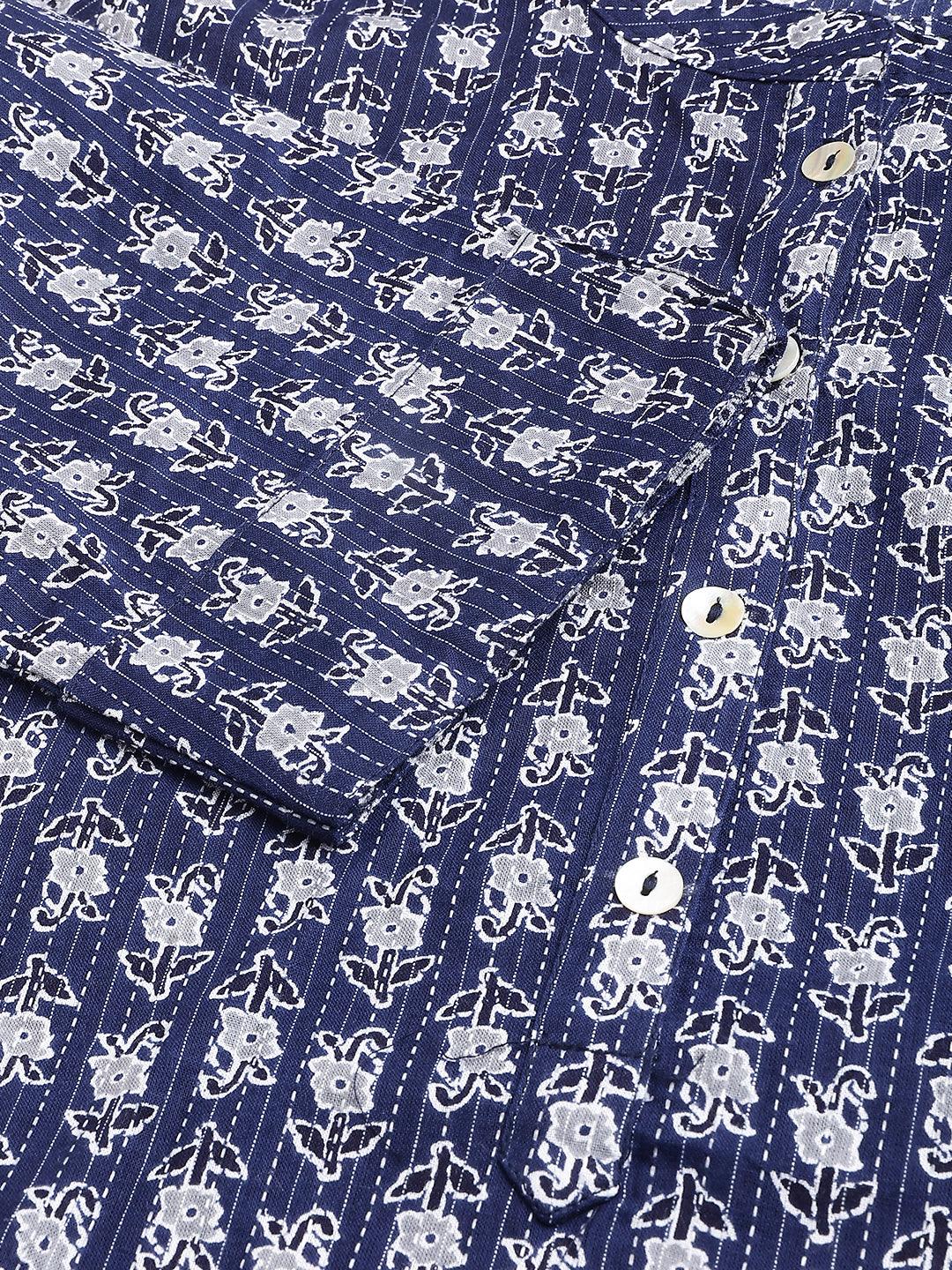 Blue And Gray Cotton Katha Work Straight Kurta | LASVINI - Redefining Indian Fashion with Elegance